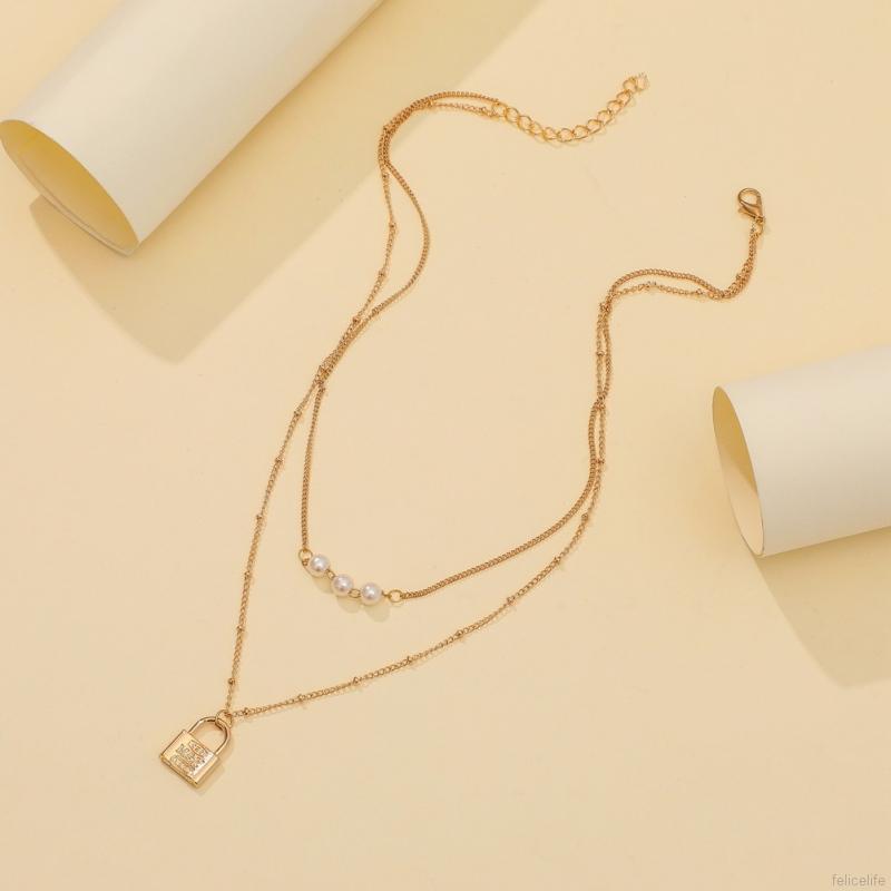 Simple And Versatile Temperament Pearl Necklace Personalized Metal Lock Pendant Fashion Niche Double-layer Necklace