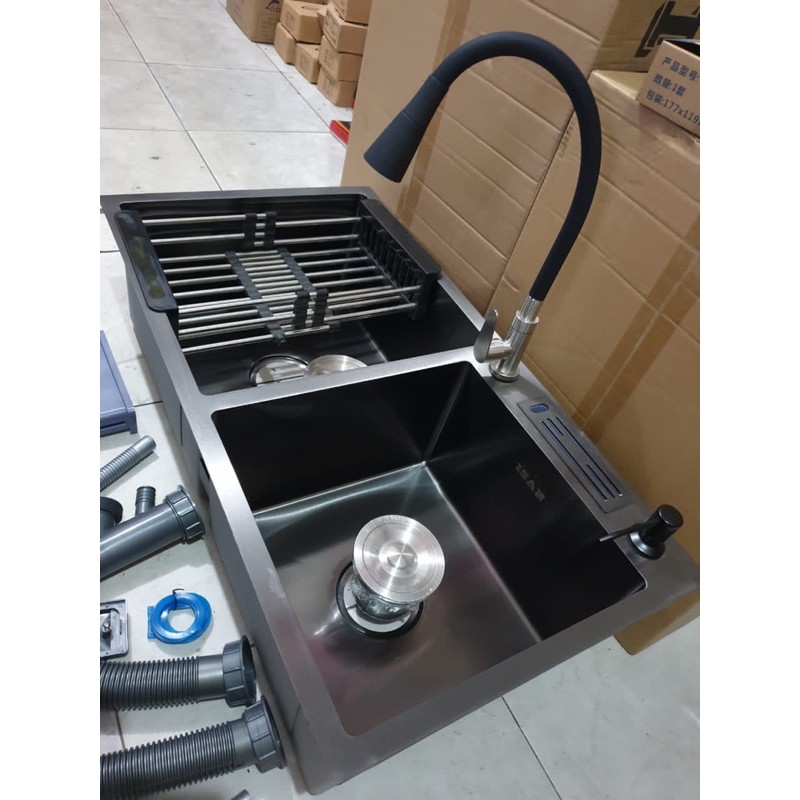 KITCHEN SINK BLACK HITAM / bak cuci piring 2 lubang stainless SUS304 tebal 3mm 82X45 ANTI KARAT