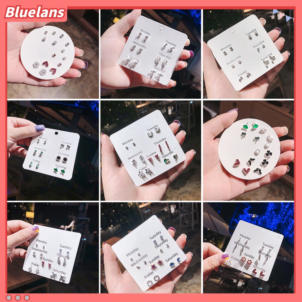 6 / 7 Pasang Anting Stud Bentuk Hati Aksen Mutiara Berlian Imitasi Untuk Wanita