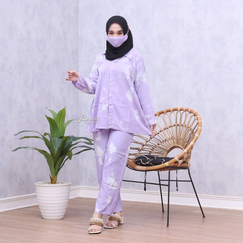 One Set Daily Pajamas Rayon Celup Tie die Stelan Wanita-Lilac ungu