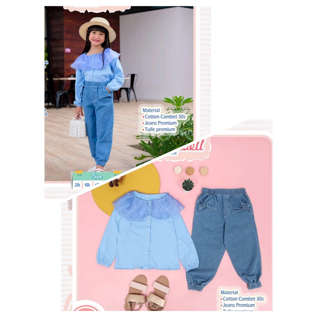 BAJU SETELAN ANAK PEREMPUAN SET JEAN CLARABEL BLOOMS.ID REAL PICT