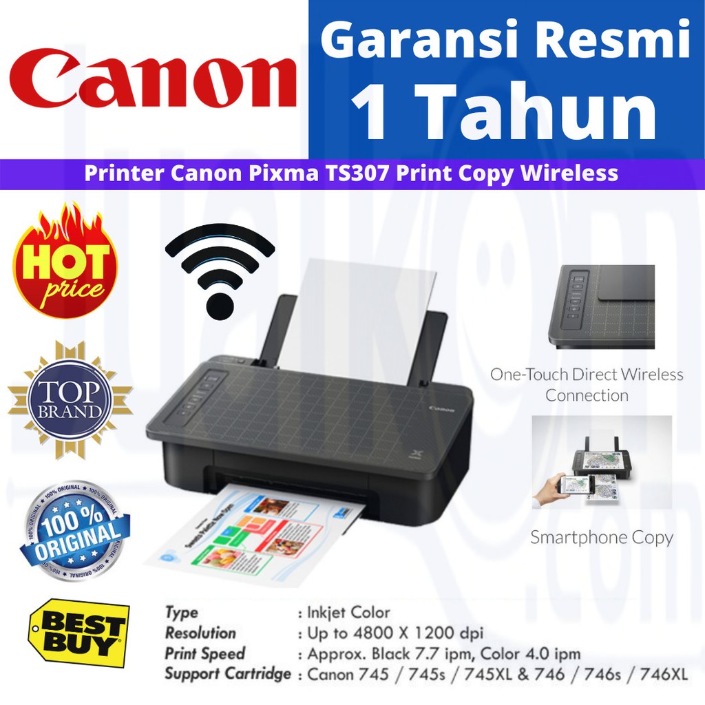 CANON PIXMA TS307 Wireless Ink jet TS 307 Printer with Smartphone Copy