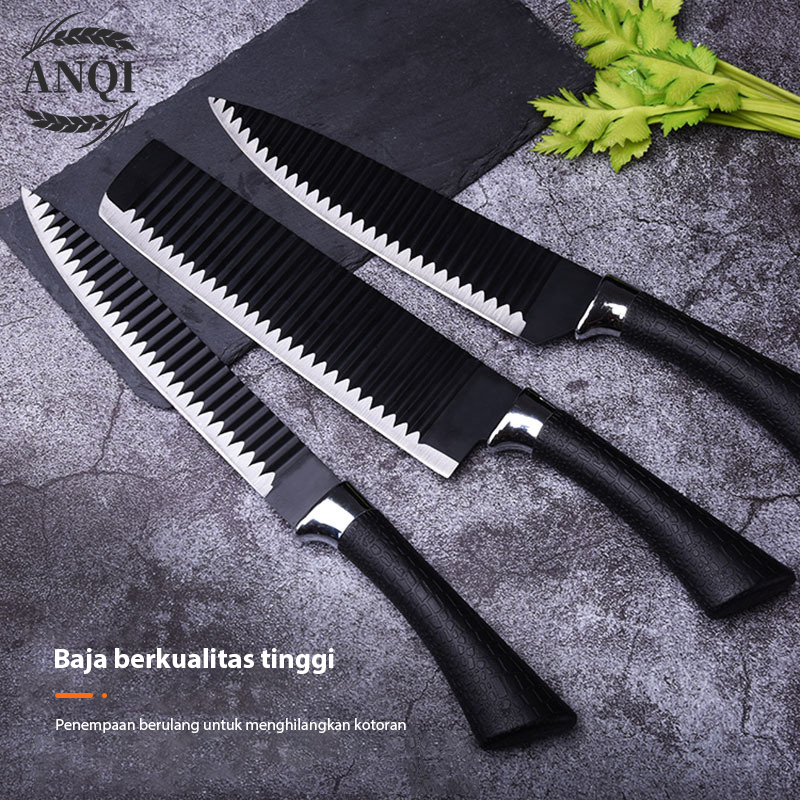 Pisau Dapur Hitam Set Isi 6pcs Black Knife Set Set 6 pcs Black Pemotong Gelombang Baja  Tahan Karat