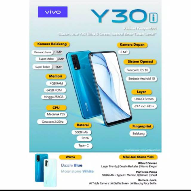 Vivo Y30i Ram 4/64 - Garansi 1 tahun, baru, ori dan resmi vivo indonesia