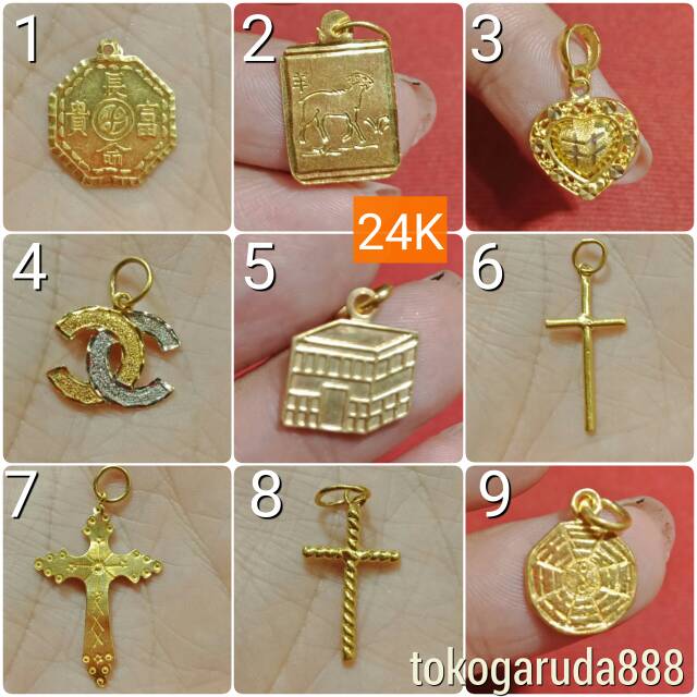 24K Mainan Liontin kalung anak dan dewasa emas asli 0,5 0.5 setengah 1 satu g gr gram love Allah salib kubah