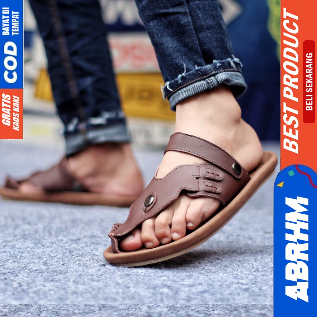 ABRHM x LUCKY Sandal Jepit Pria Sandal Pria Kulit Asli Sendal Jepit Cowok / Cowo Keren Ori Kekinian