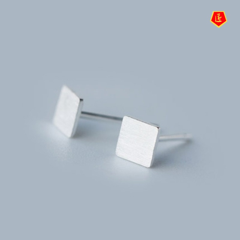 [Ready Stock]Silver Simple Brushed Square Ear Studs Women's