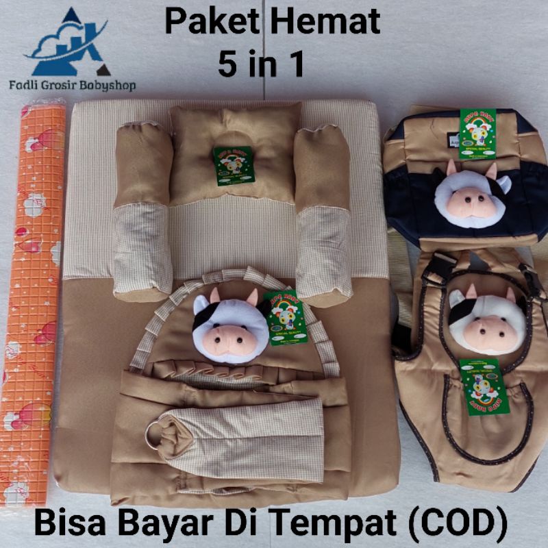 Paket Hemat (5 in 1) Tas Bayi Boneka Sapi Gendongan Bayi Samping Boneka Sapi Gendongan Bayi Depan Ransel Perlak Bayi Dan Kasur Matras Bayi Set Bantal Guling