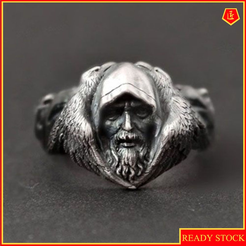 [Ready Stock]Creative Retro Odin God Viking Warrior Silver Black Ring