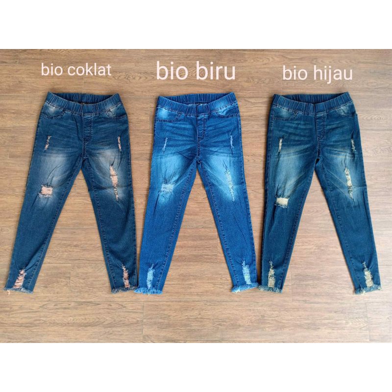 Jegging Leging Sobek Wanita Pinggang Karet Import 7/9 Lapis Tidak Tembus