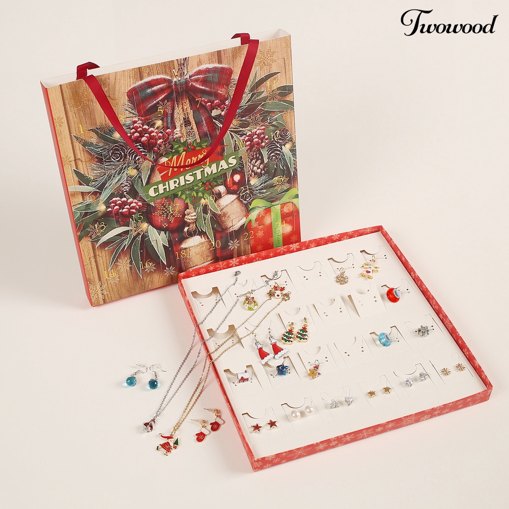 Twowood 1 Set Jewelry Advent Calendar Christmas Tree Elk Pendant Decoration Girls Christmas Element All Match Necklace Earrings Ear Studs for Party