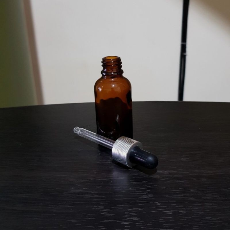 botol kaca pipet 30ml amber / coklat tebal - ring almunium silver bergaris