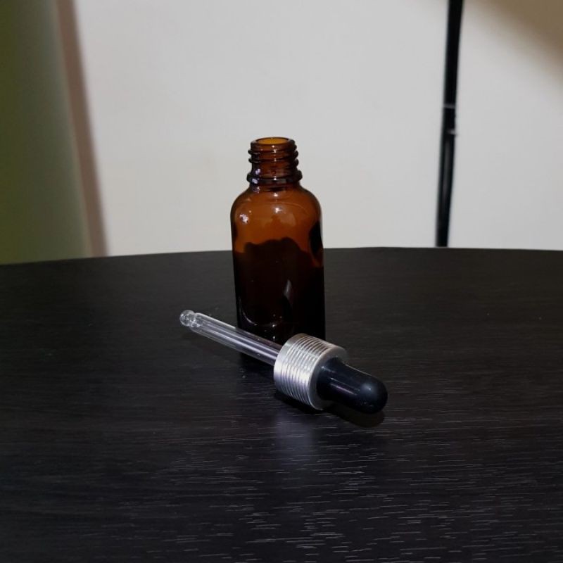 botol kaca pipet 30ml amber / coklat tebal - ring almunium silver bergaris