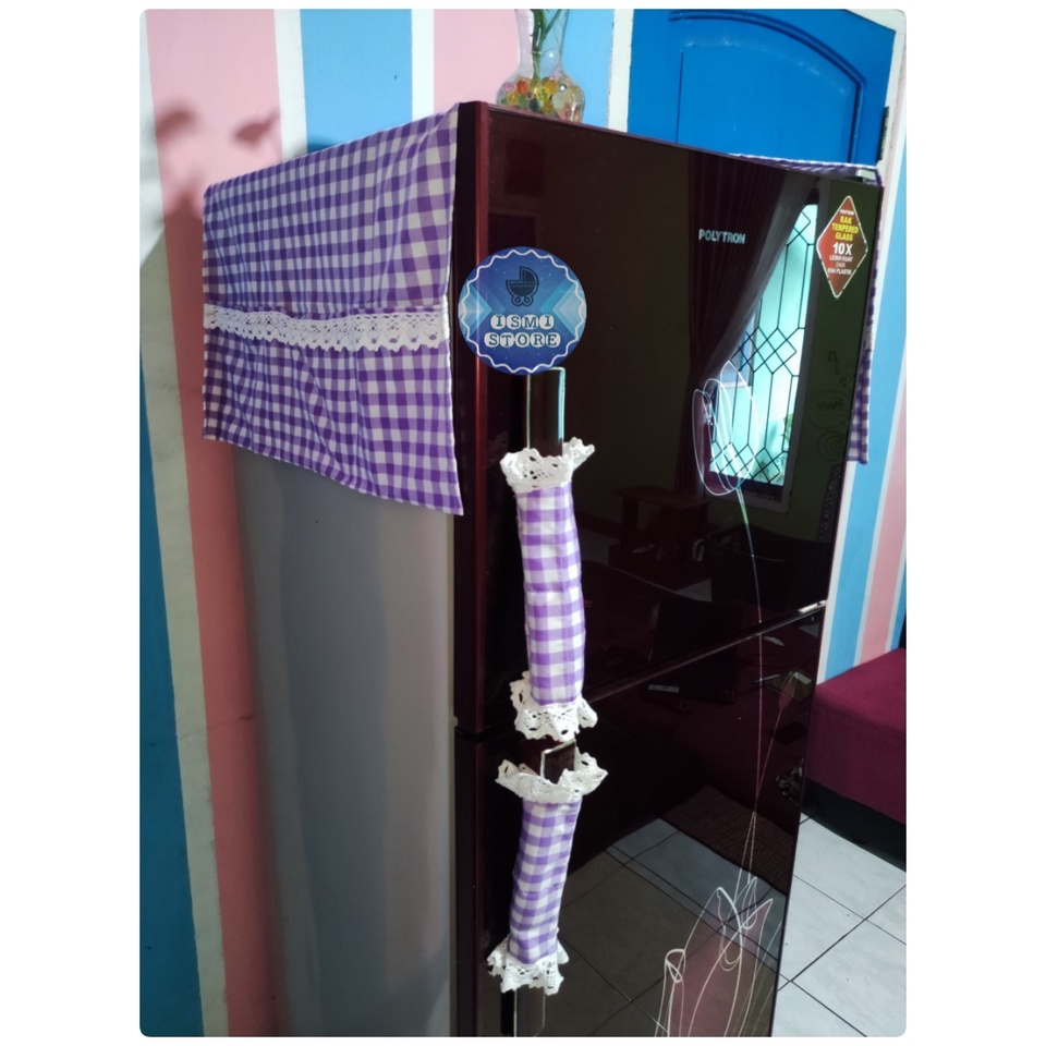 Paket Hemat TAPLAK KULKAS dan SARUNG PEGANGAN PINTU KULKAS Estetik Motif Kotak-kotak Gingham Ala Korea Bahan Katun