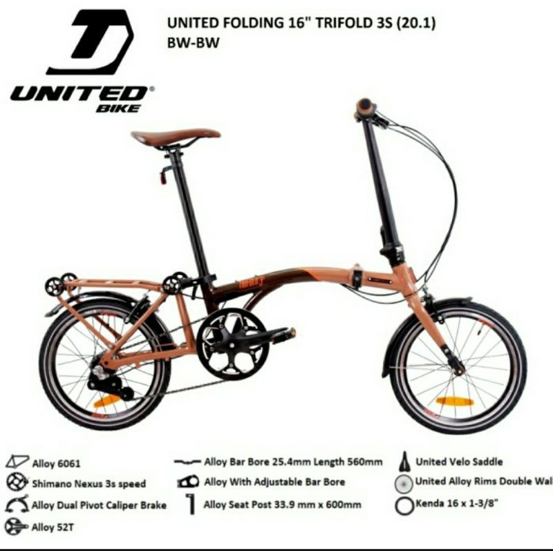 Sepeda lipat 16 inch UNITED TRIFOLD 3S alloy shimano NEXUS 3 sp