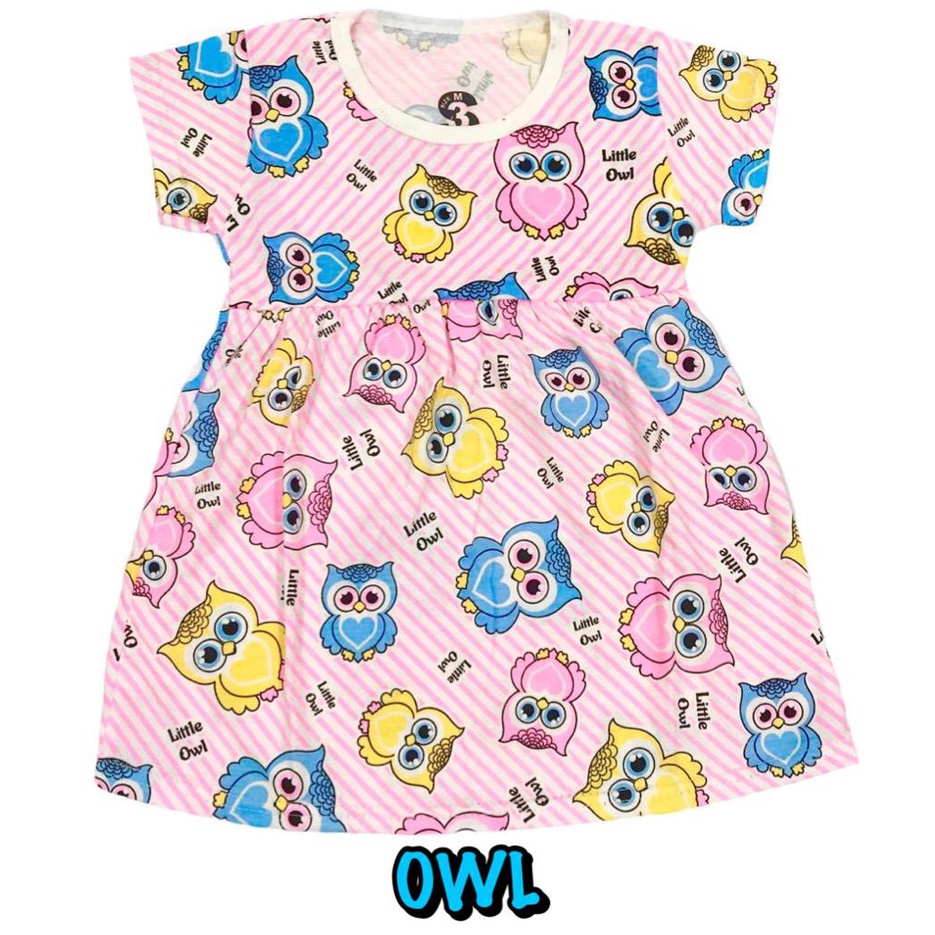 (1 KG MUAT 13 PCS) BAJU DRESS/DASTER ANAK KIDS PEREMPUAN/CEWEK BAHAN KAOS KATUN OWL/BURUNG