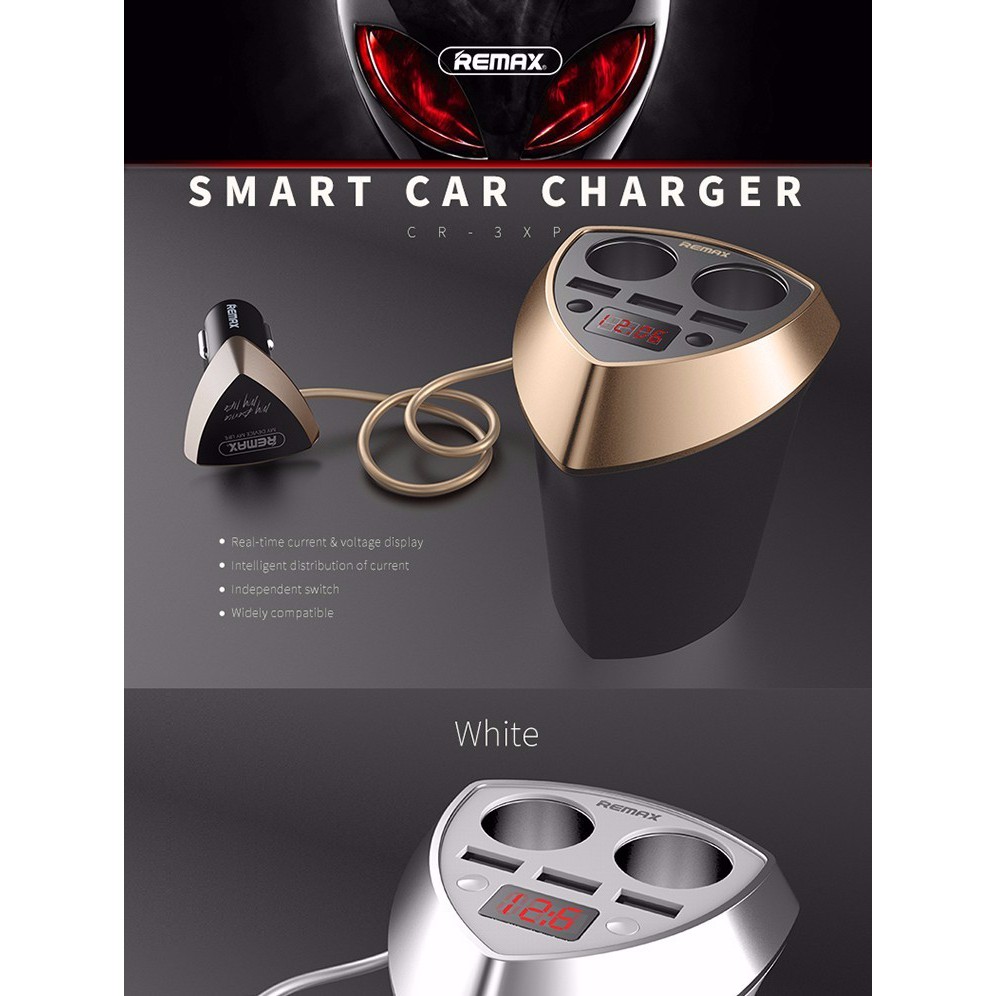 AKN88- REMAX Smart Car Charger 3 USB Port and 2 Car Charger Port 5V 3.4A with LED Display CR-3XP