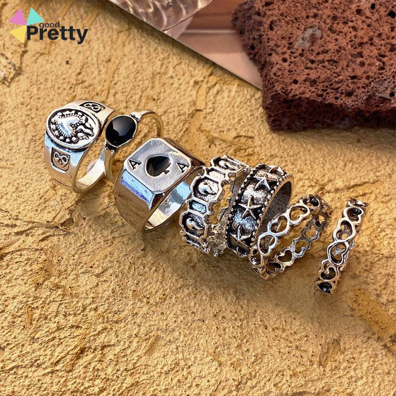 7 Pcs Cincin Jari Bentuk Hati Tidak Teratur Warna-Warni Gaya Punk Retro Untuk Pria - PD