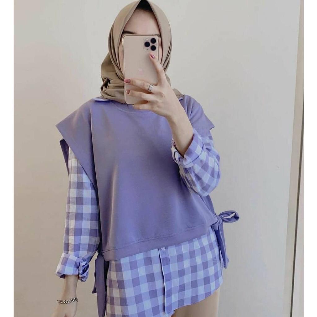 KEMEJA KOTAK+ ROMPI LILAC - ATASAN WANITA KOTAK - APRIL - BISA COD