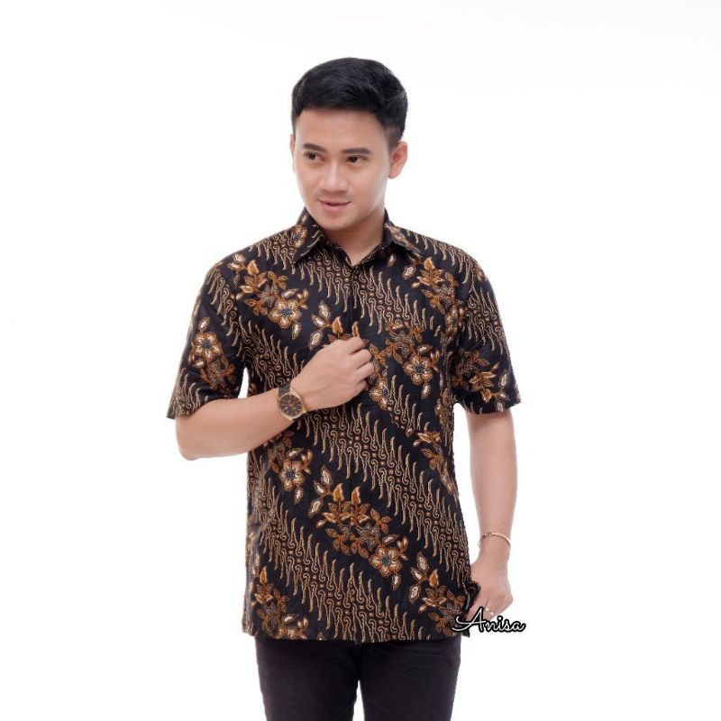 Hem Batik Pria Lengan Pendek Coklat Lawasan/ Batik Pria