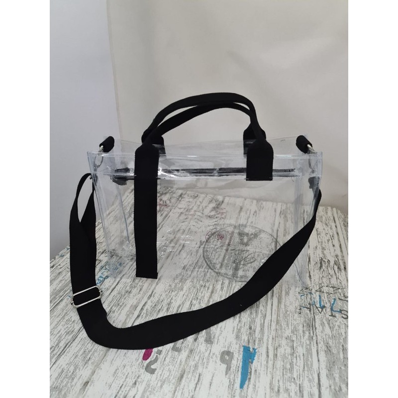 Tas Tote Mika Transparant PVC Fashion Dengan Resleting Hampers 36x10x25