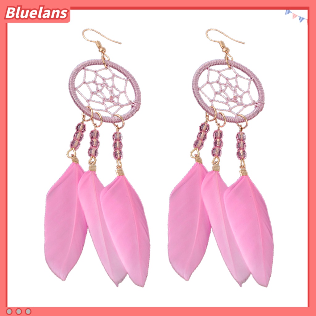 Bluelans 1 Pasang Anting Juntai Desain Dream Catcher Hollow Out Aksen Bulu Gaya Etnik Bohemia