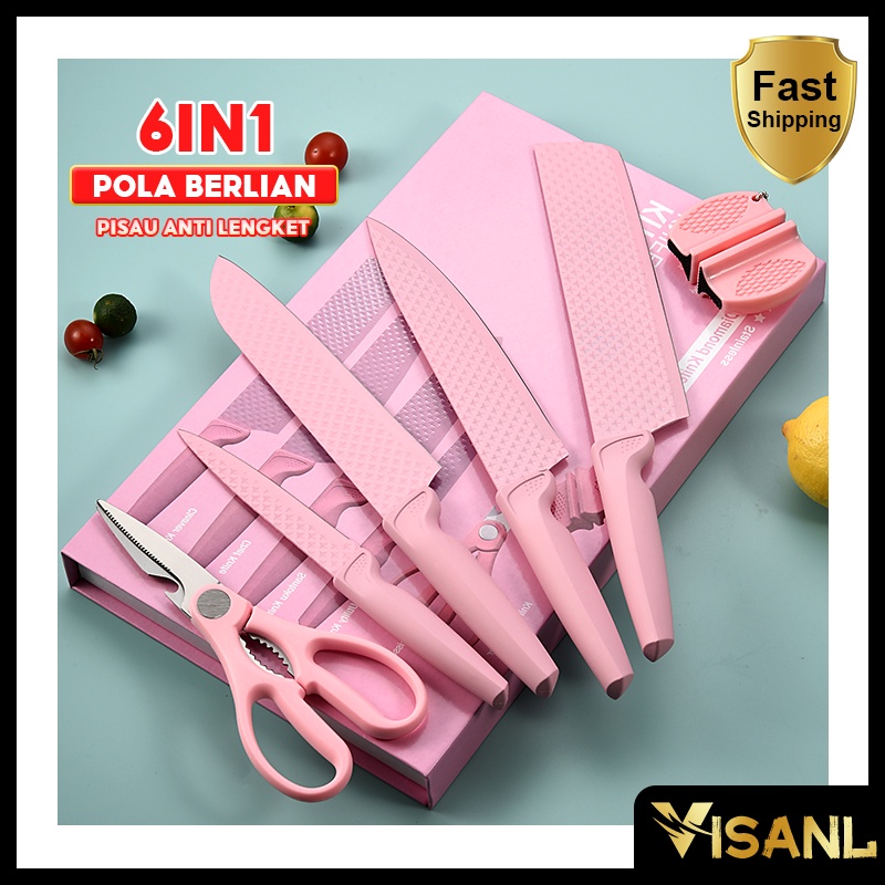 Pisau Berlian Merah Muda Knife Diamond Set 6 in 1 Cookware Pisau Dapur Anti Lengket VS-1844