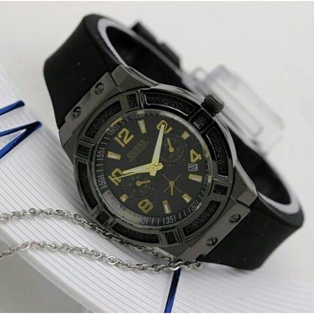 Jam Tangan Wanita / Cewek Guess Ladies Date Rubber Full Black