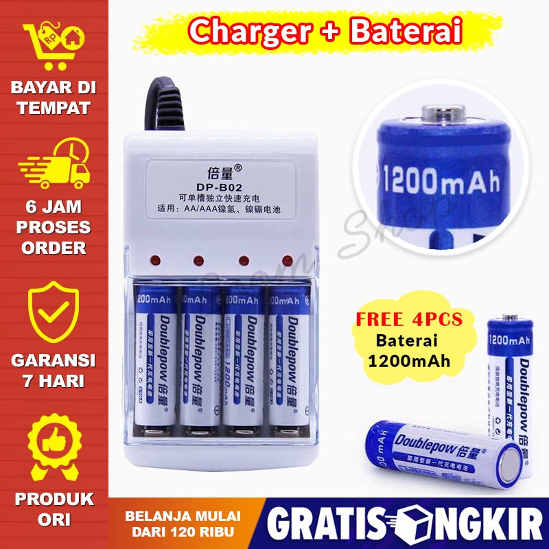 4 Slot - Charger Baterai AA / AAA Batre Cas Dan Charger Casan Batu Baterai Recharge Rechargeable Battery + 4PCS 1200mAh