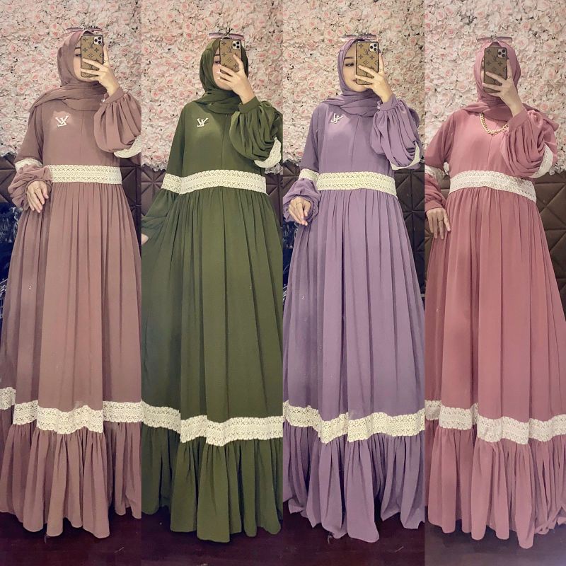 Set Gamis Mona Syari, Monica Series baru,  Full Ceruti. warna Taro cantikk..