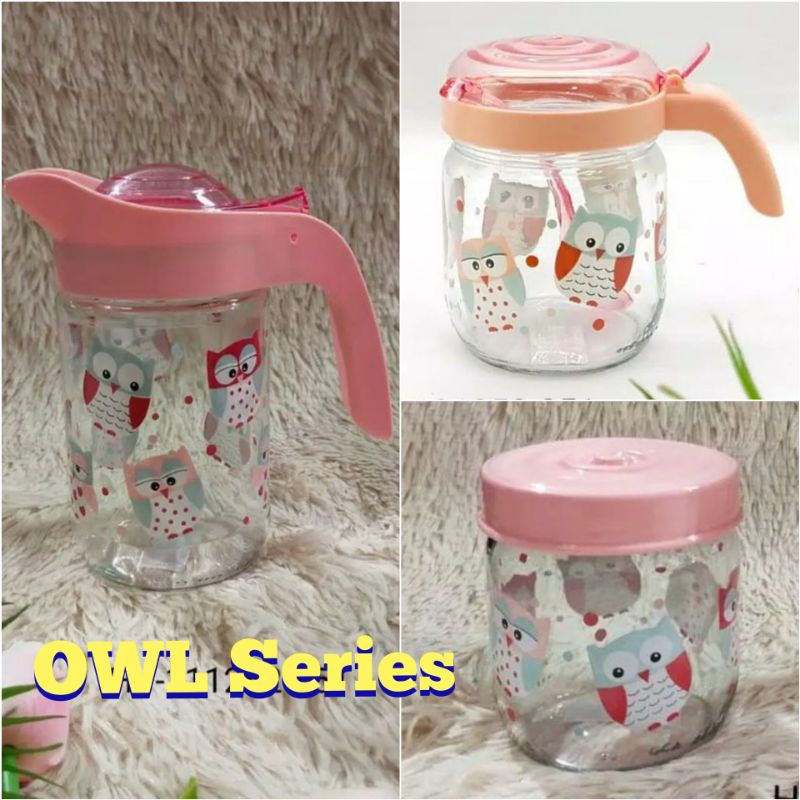 Owl Glass Set Turki Pink Shabby / Oilpot Kaca Pink Shabby / Botol Bumbu Owl Pink / Toples Bumbu Kaca