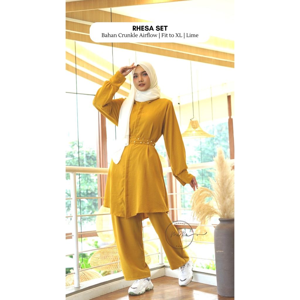 Rhesa One Set 2in1 Celana + Tunik Wanita Busui Bahan Crinkle Premium Fit to XL Ld 110 Kekinian Outfit Remaja Muslim Jumbo Polos Terbaru - Baju Setelan Fashion Muslim Wanita Dewasa Beraneka Warna - Setcel Atasan dan Bawahan Variasi Mutiara Mewah