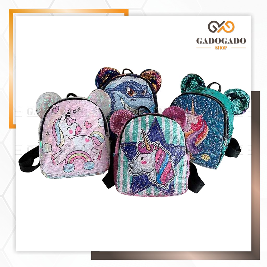 GGS TAS  RANSEL SEQUIN UNICORN  TAS  GLITTER  TELINGA BERUANG 