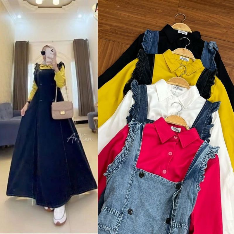 Overall jeans, Fashion Muslim,  fashion wanita, Overall jeans wanita.Dress Bianca 2 in 1