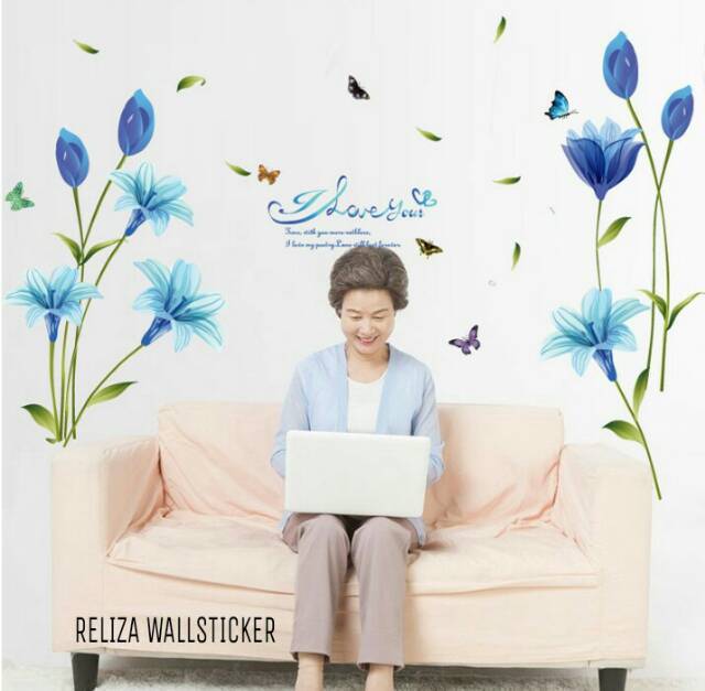 RELIZA WALL STICKER BUNGA LILY BIRU BLUE FLOWERS SK9122A STIKER DINDING