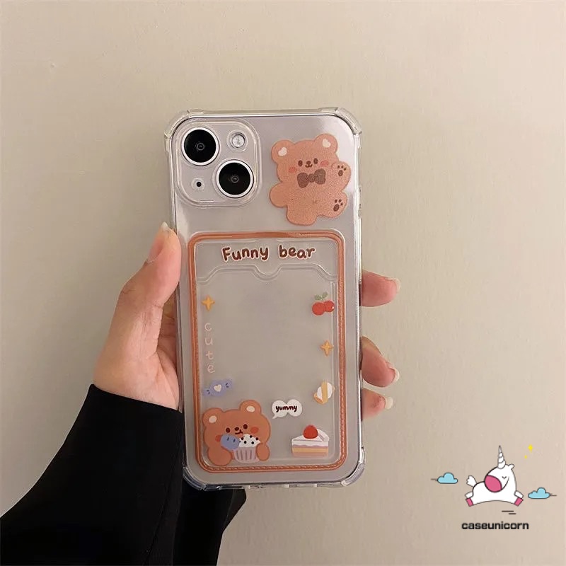 Soft Case Dompet Kartu Transparan Motif Kartun Kelinci Beruang Tahan Banting Untuk iPhone 11 13 12 14 Pro Max 14 6 7 6s 8 plus XR X XS Max SE 2020