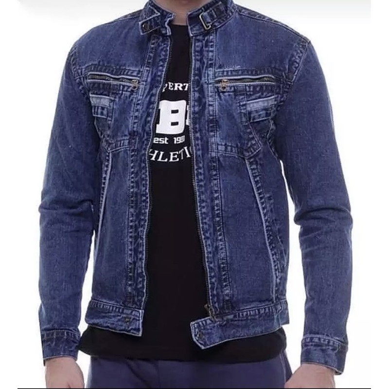 JAKET JEANS PRIA KERAH TINGGI RESLETING JAKET JEANS COWOK TB BANDUNG MURAH JEANS BOMBER