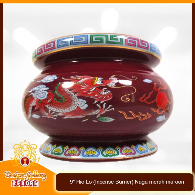 Tempat dupa Keramik 9&quot; Hio Lo (Incense Burner) Naga merah maroon