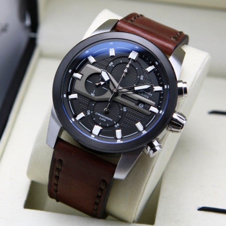 Alexandre Christie Original AC6562MC Jam Tangan Pria Tali Kulit Coklat Silver Hitam