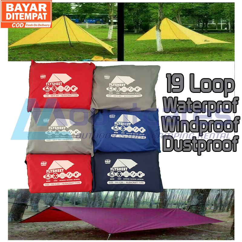 Flysheet Waterproof 19 Loop Ukuran 3x4m , 2x3m , 3x3m Ultralight Tarp Tend Buscraft Tenda Darurat