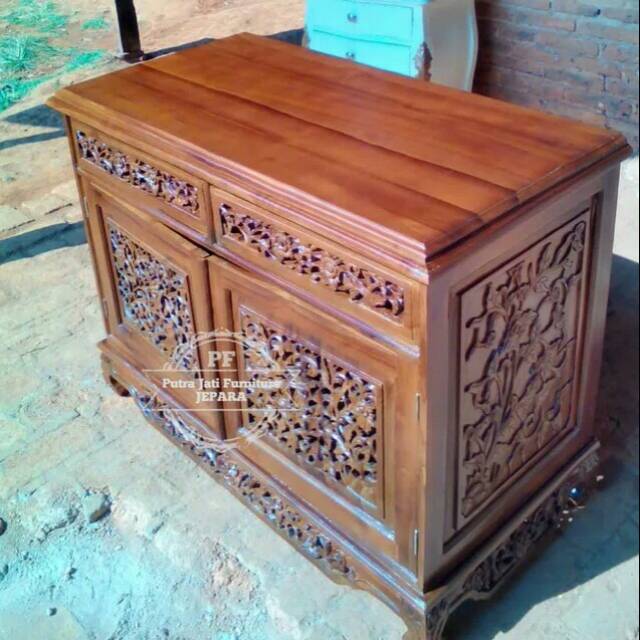 Rak Bufet Lemari Kecil Ukir Palembangan, Meja Tv Plus Laci Kayu Jati Free Ongkir