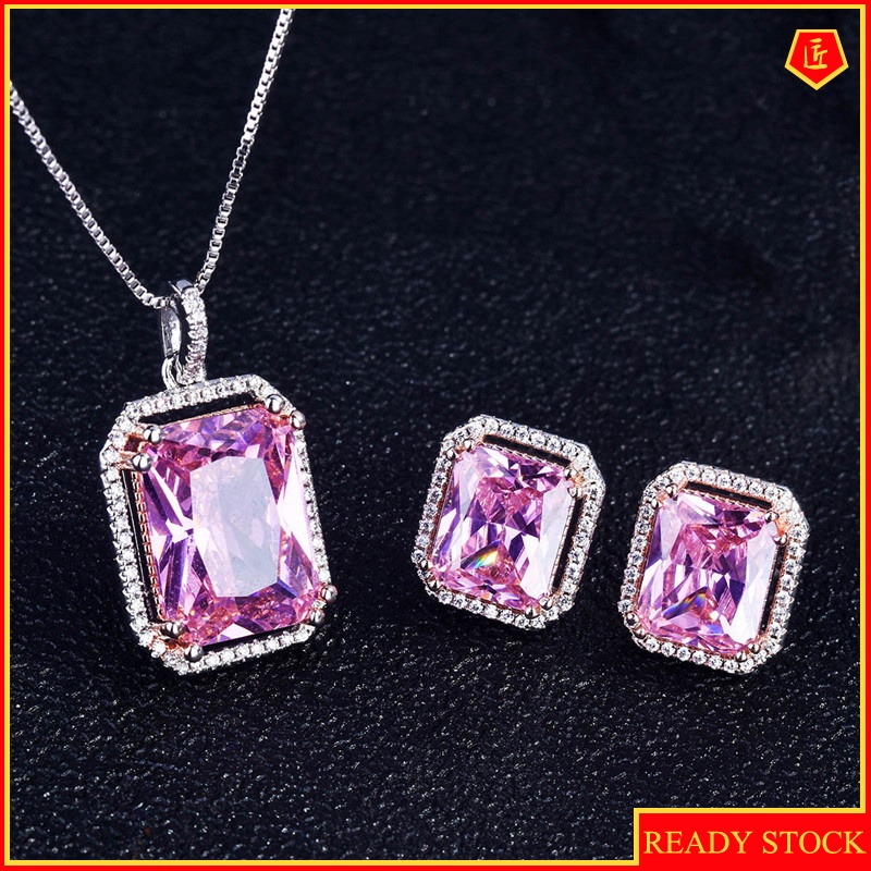 [Ready Stock]New High-End Luxury Necklace Pink Tourmaline Rings Ear Studs