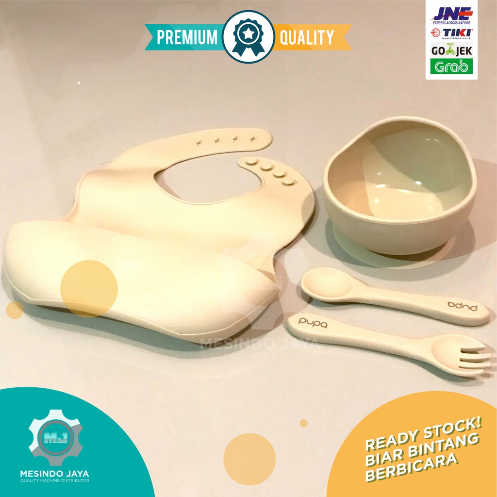 Alat Makan Bayi Silikon BIB, Sendok &amp; Garpu Silicon, Mangkuk / Perlengkapan Makan Bayi Baby Set PUPA