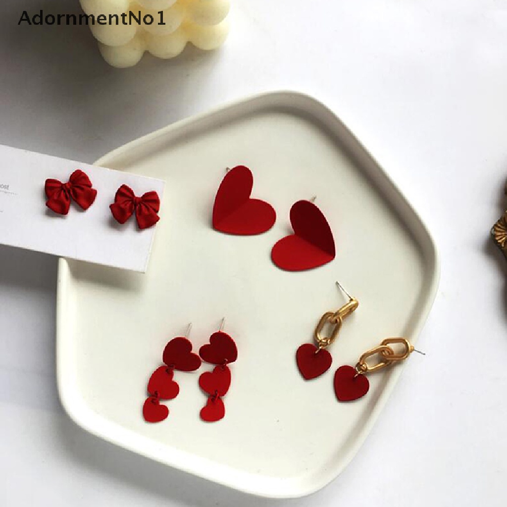 (AdornmentNo1) Anting Tusuk Bentuk Hati Merah Aksen Pita Untuk Wanita