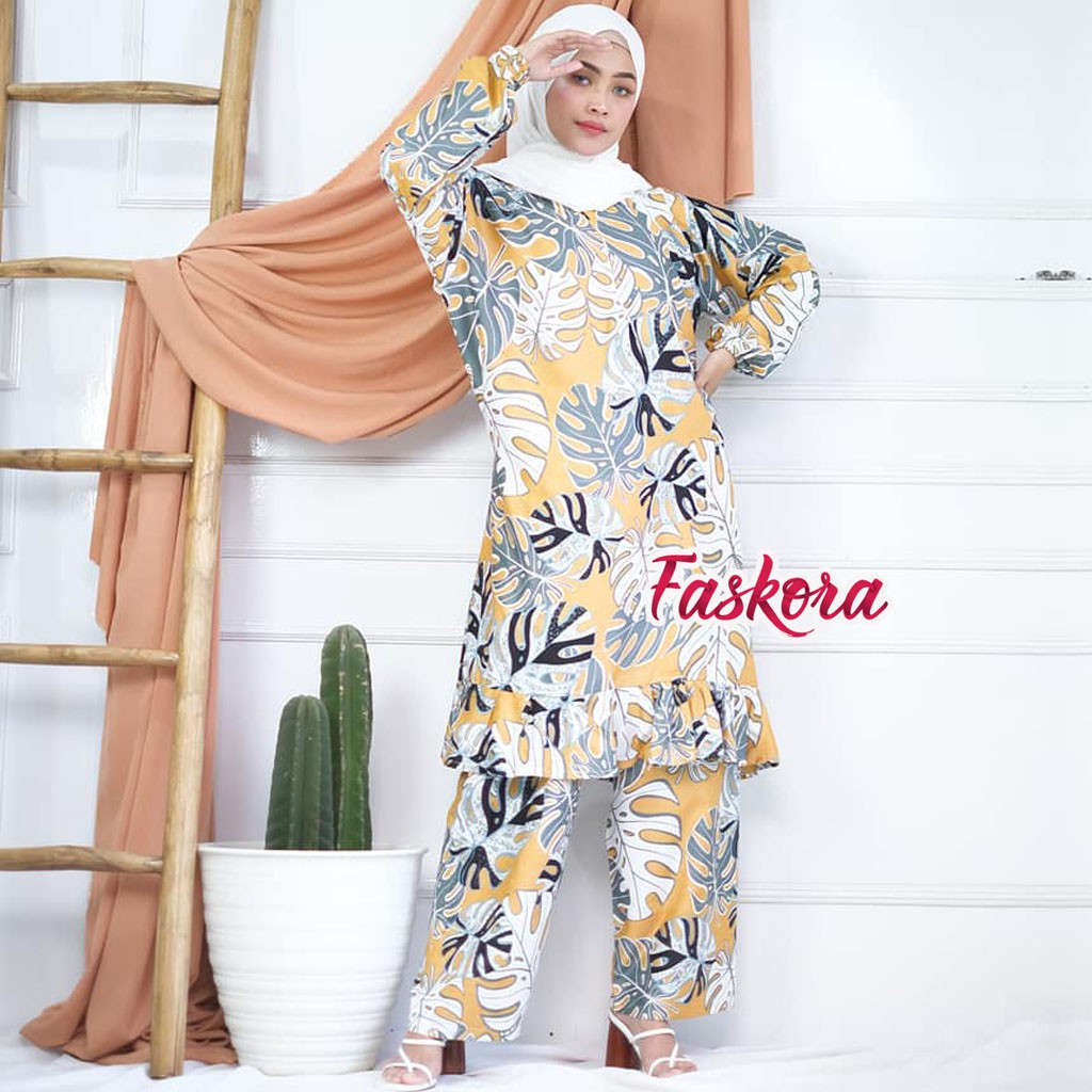 Setelan Tunik Jumbo XXL Celana Panjang Daun - One Set Tunik Rayon - Tunik Wanita Terbaru