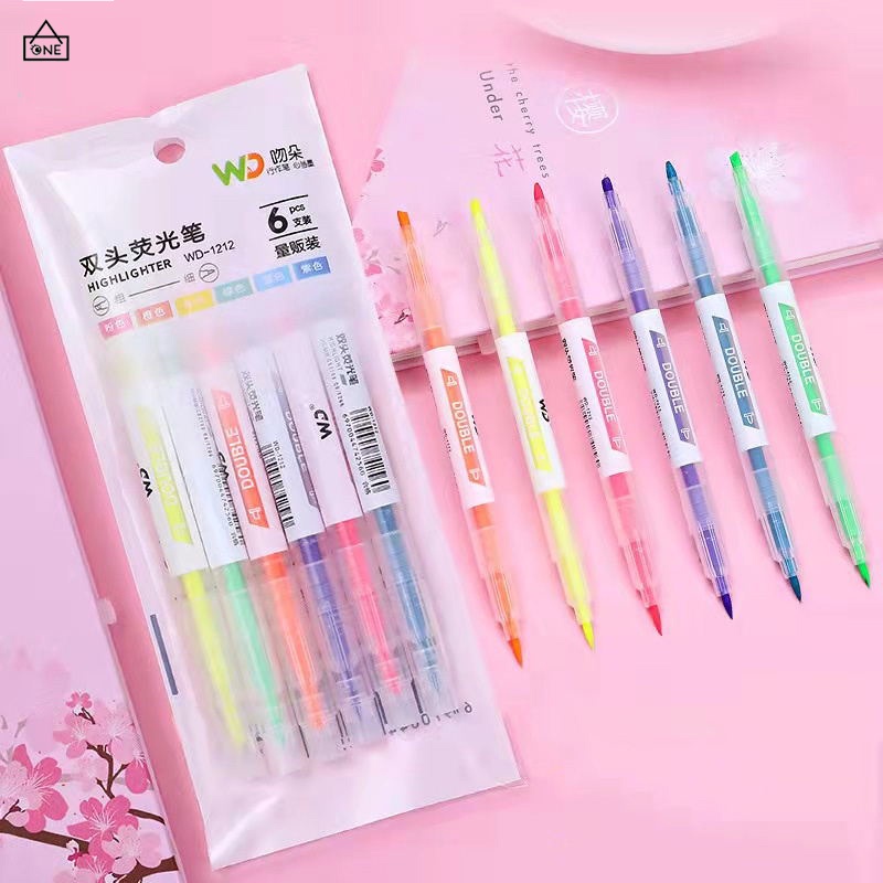 COD❤️6pcs Stabilo Warna Warni Highlighter 12 Warna dikirim Secara Acak Spidol Berkepala Dua Grafiti Pena Cat Air Kepala Miring