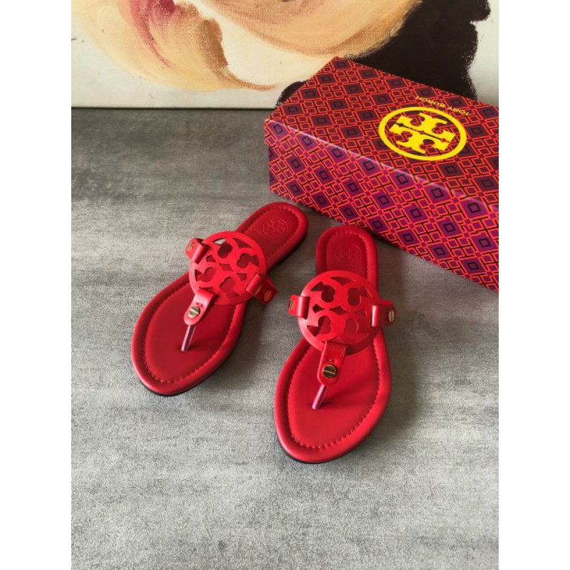 TB Miller Flat Leather Logo Slide Sandals Red