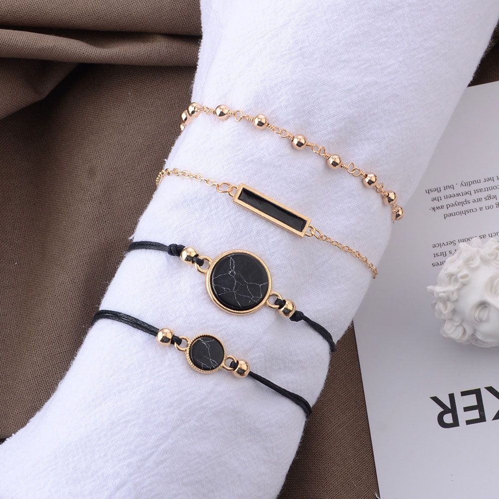 Needway  Geometric Jewelry Elegant Fashion Accessories Bracelet 4Pcs/Set Black Square Stone Handmade Simple Chain/Multicolor