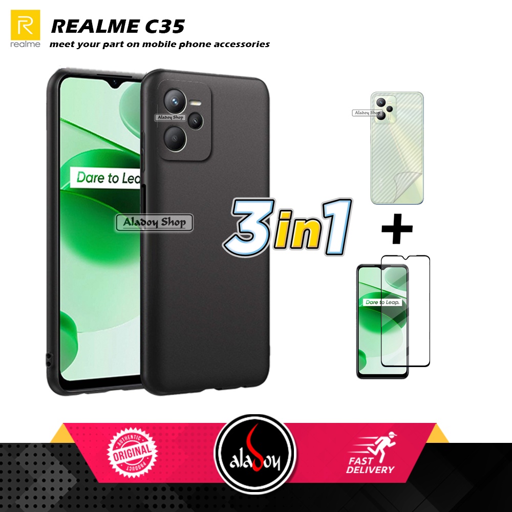 Case Black Matte Realme C35 2022 New Casing + Tempered Glass Full Cover + Skin Carbon 3D Film