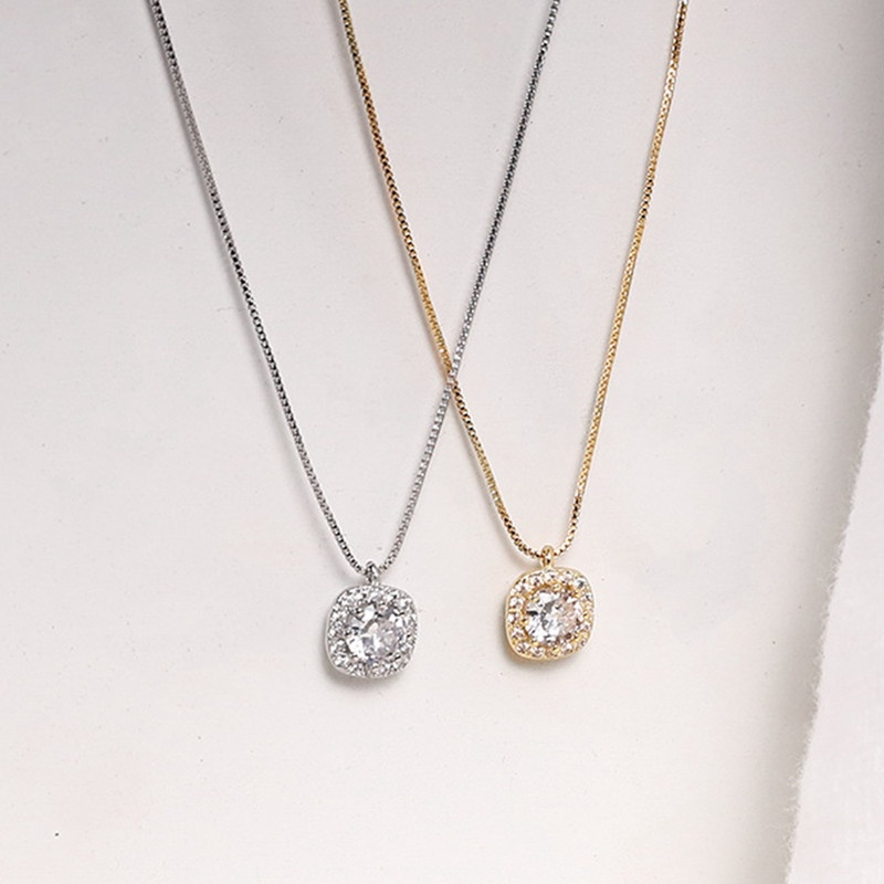 Kalung Rantai Sterling Silver Dengan Liontin Berlian Bentuk Kotak Untuk Wanita